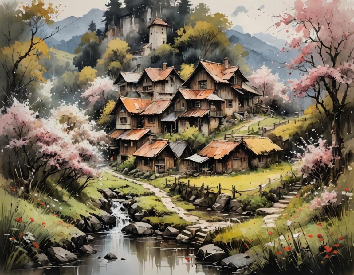 Charming Rural Village in Watercolor Style