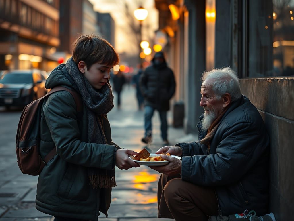 Kind Teenager Shares Food With Homeless Elder at Dusk