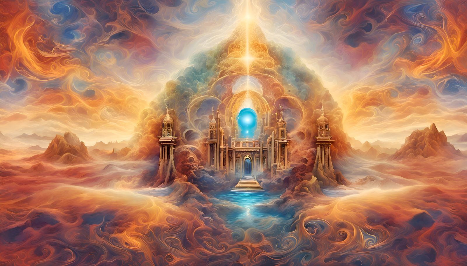 Fractal Landscape with Spiritual Temple and Divine Light