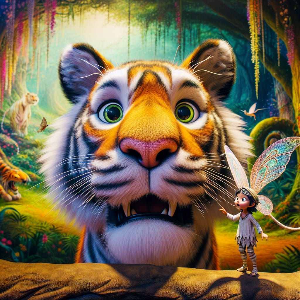 Fairy and Surprised Tiger in Magical Jungle