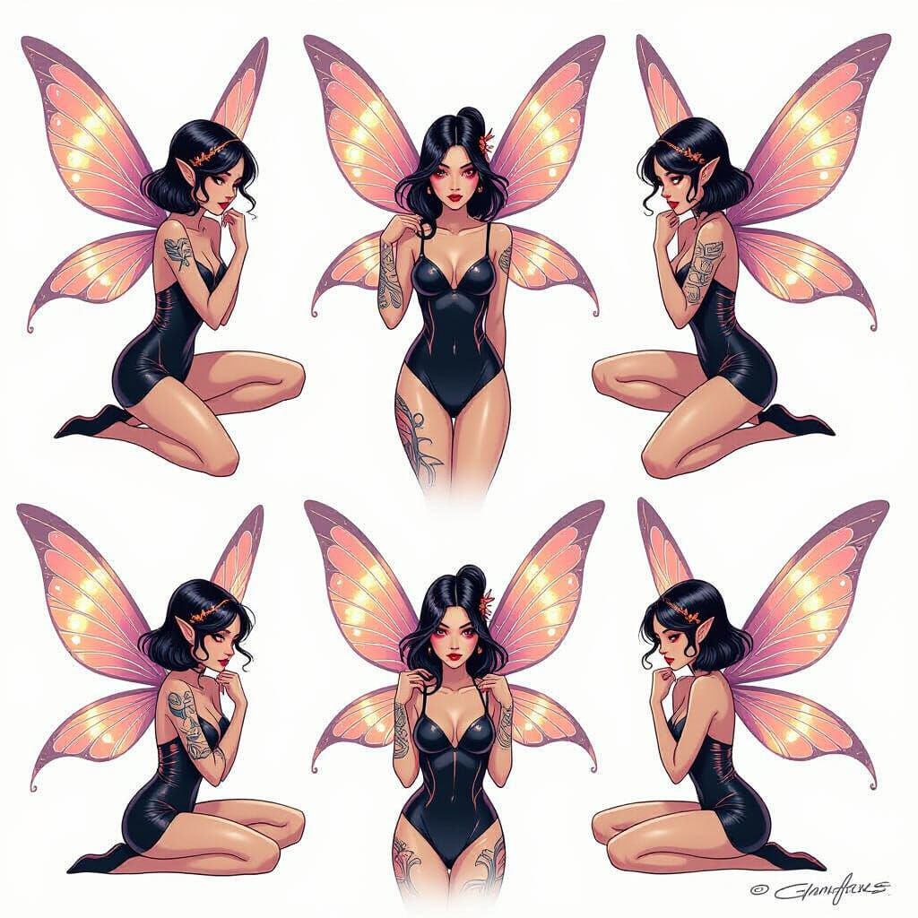 Mischievous Fairy Tattoo Sheet in Watercolor Style