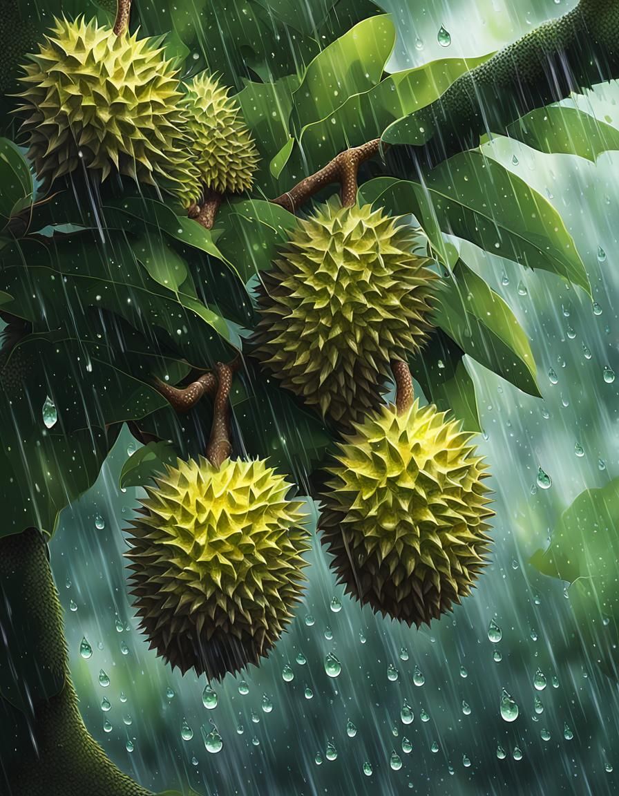 Lush Durian Tree in Rain: A Digital Masterpiece