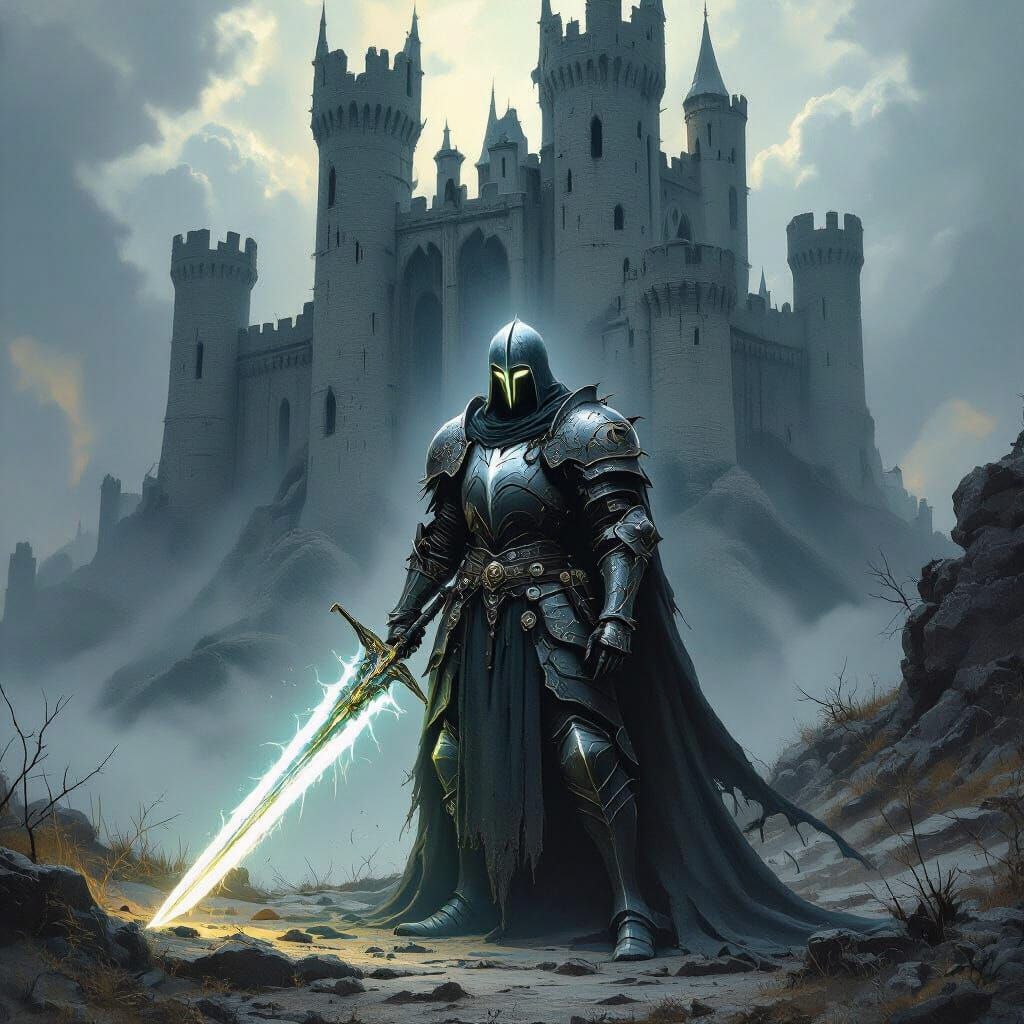 Spectral Knight Guards Crumbling Castle in Dark Fantasy