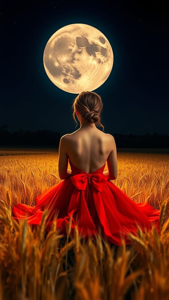 Woman in Red Dress Gazing at Giant Moon