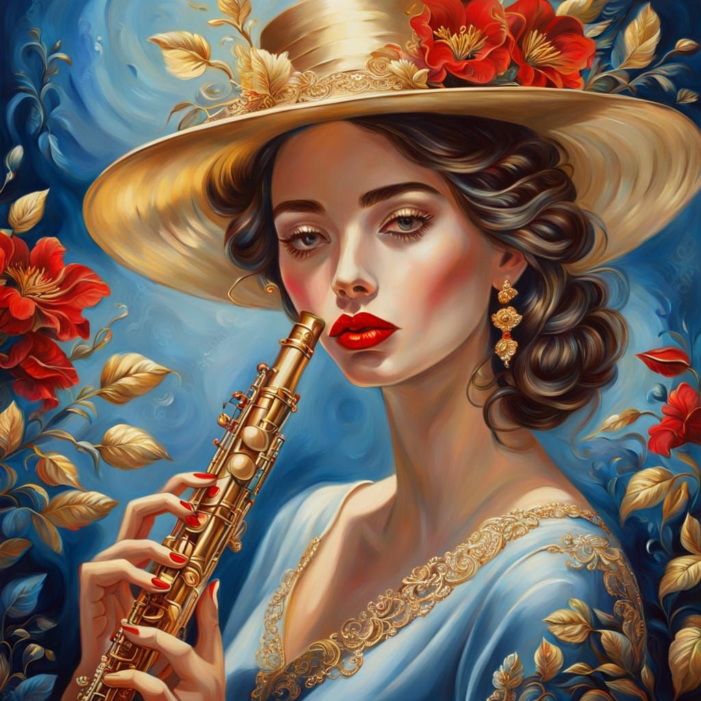 Elegant Woman with Golden Flute: Surreal Oil Painting