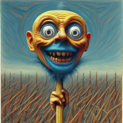 Emotive Potato Figure on Bridge in Fractal Dreamscape