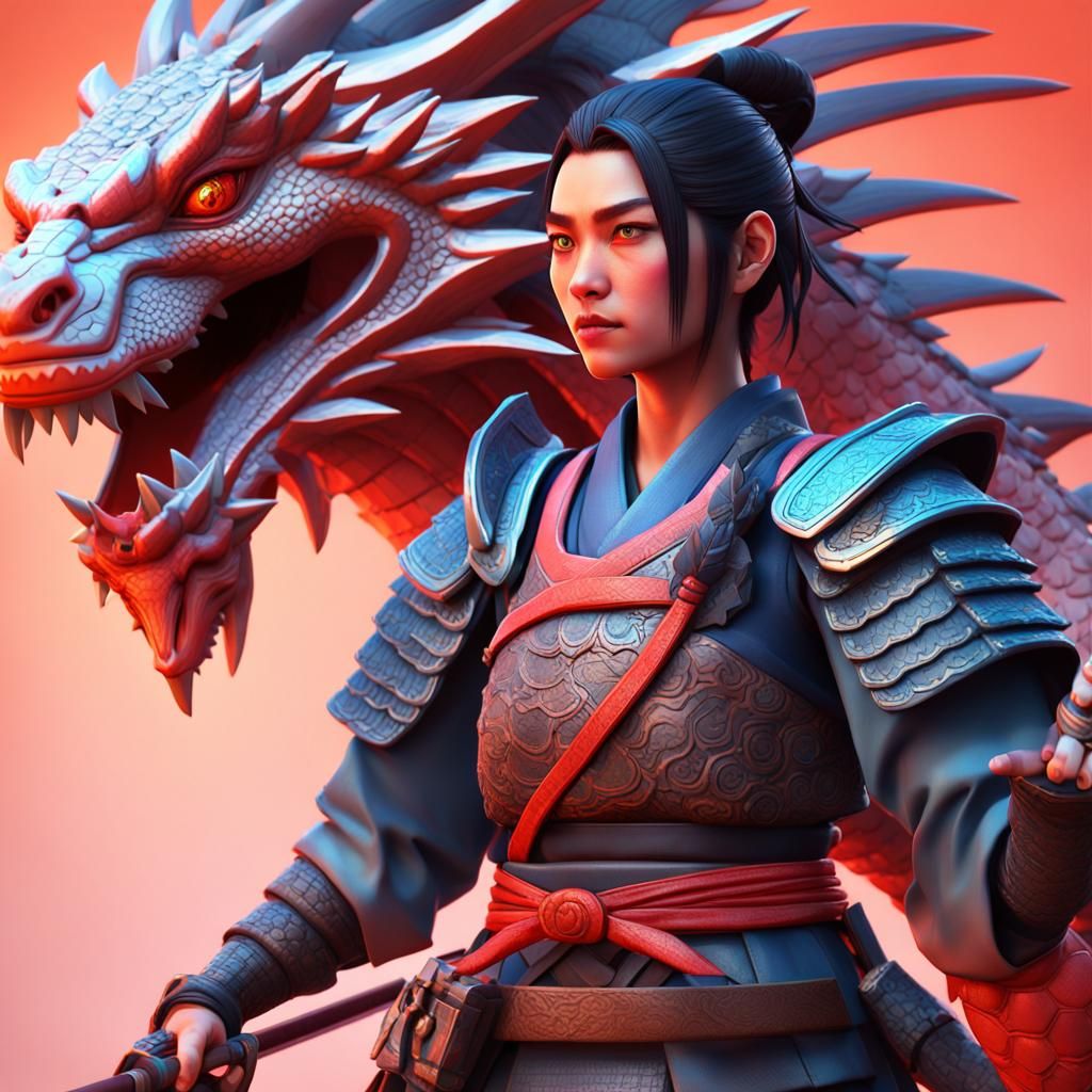 Samurai with Dragon: 3D Digital Art