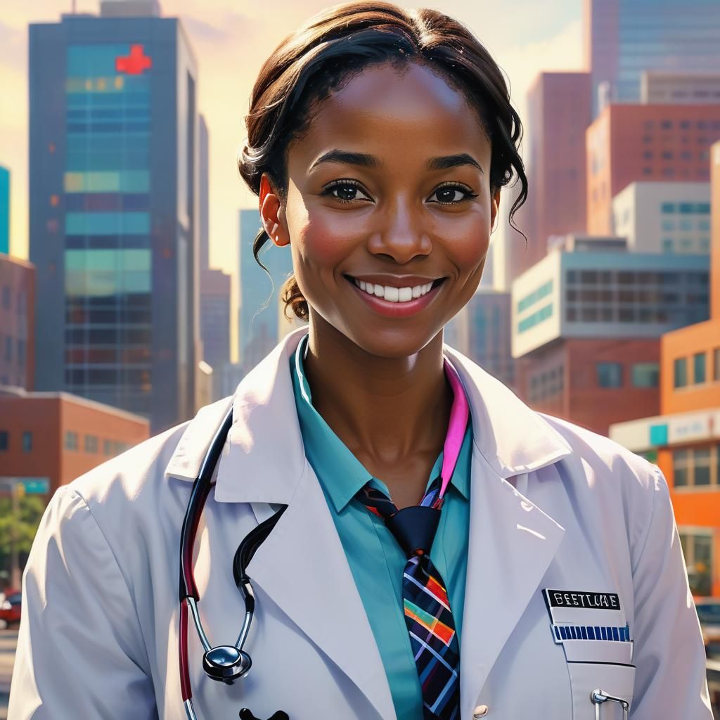 Smiling Doctor in Hospital, Hyperrealistic Concept Art