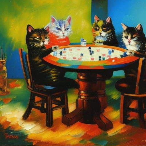 Cats Playing Poker in Expressionist Oil Painting Style