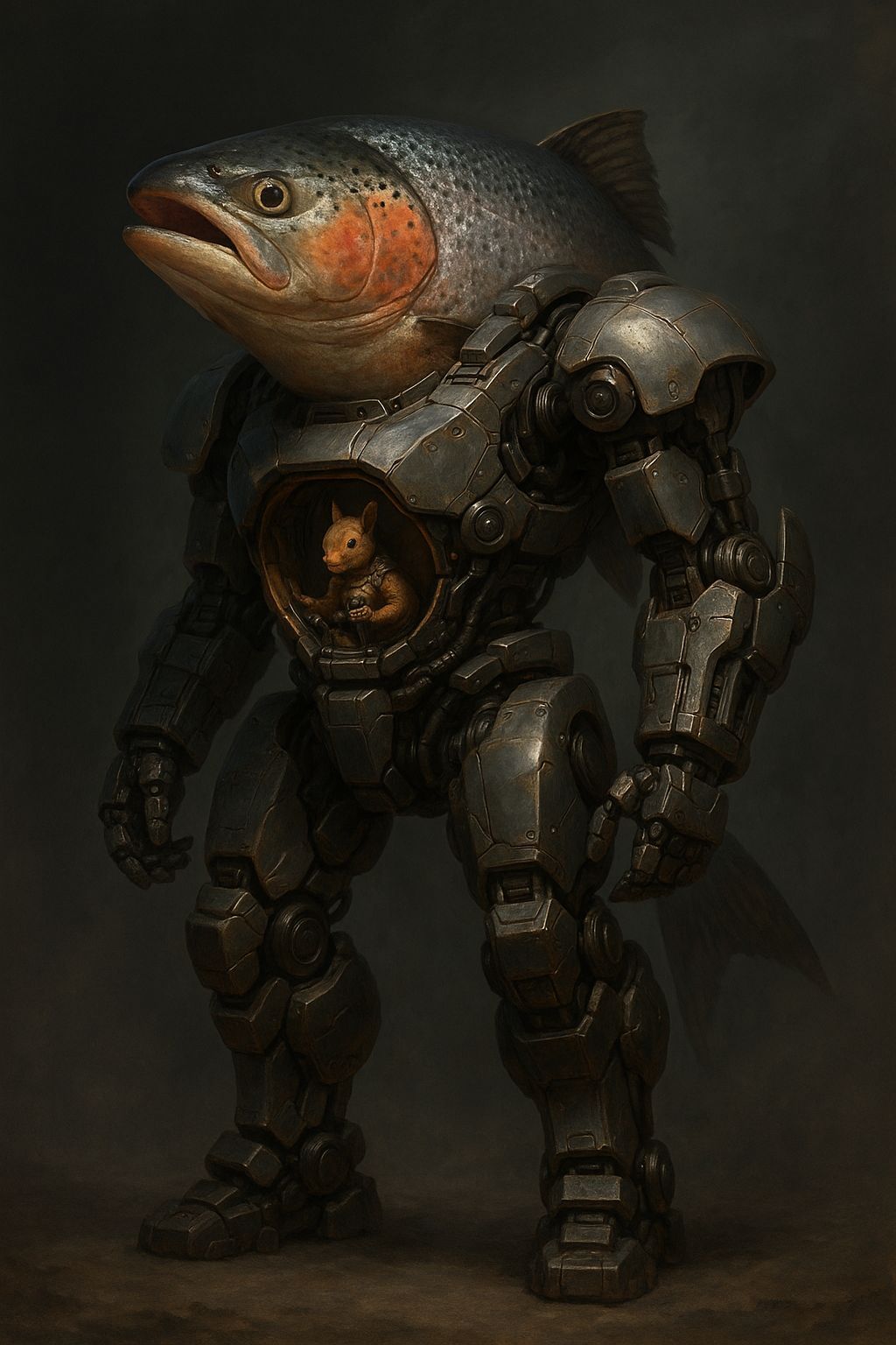 Robot Salmon with Squirrel Pilot, Hyperrealistic Sci-Fi Art