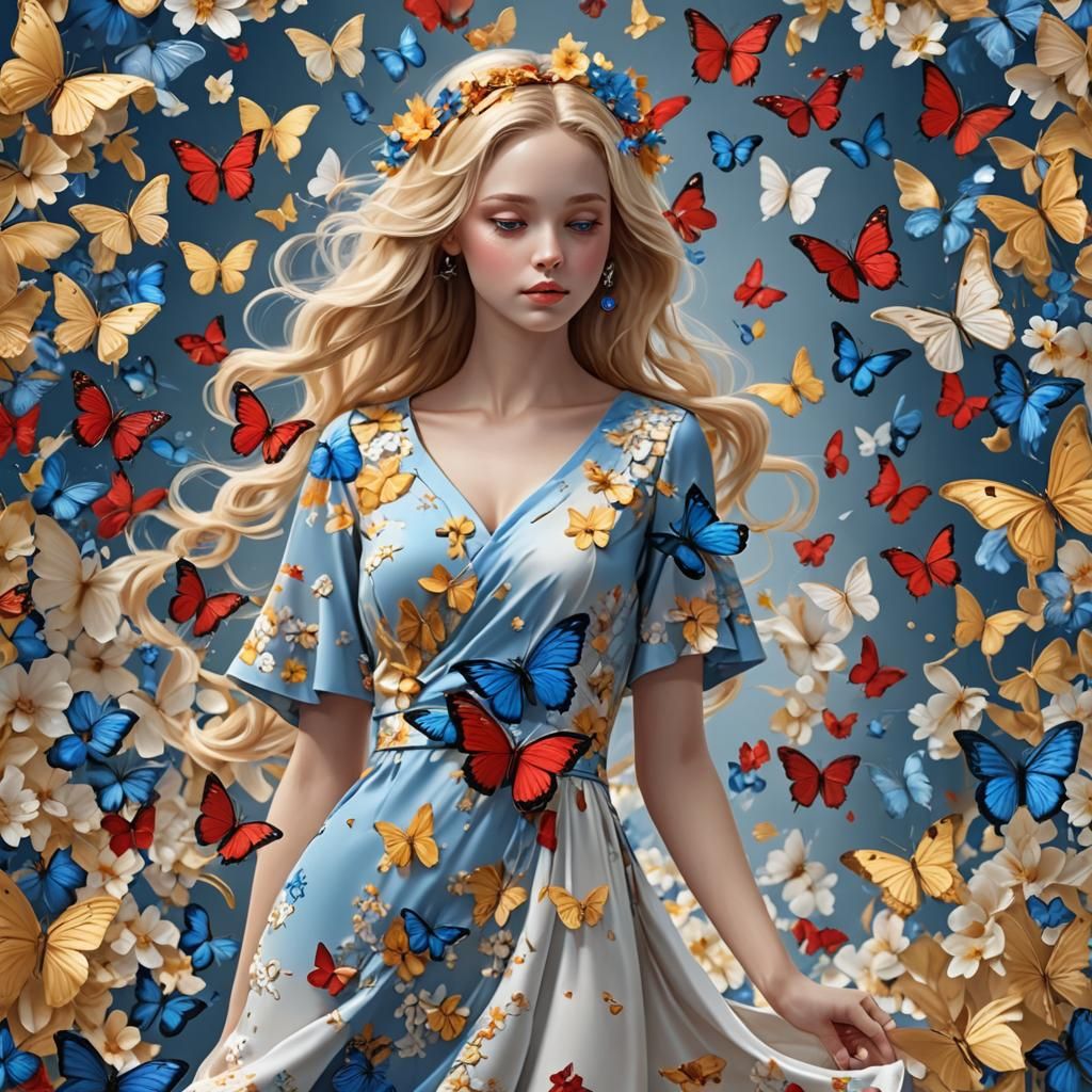 Happy Woman with Kitten in Fantasy Landscape