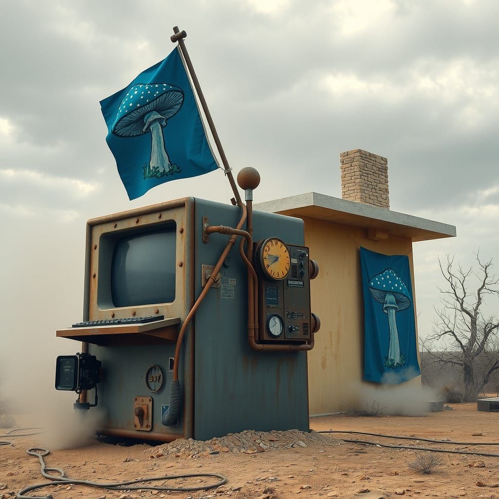 Dystopian Computer with Mushroom Bungalow, Hyperreal Cyan Ar...