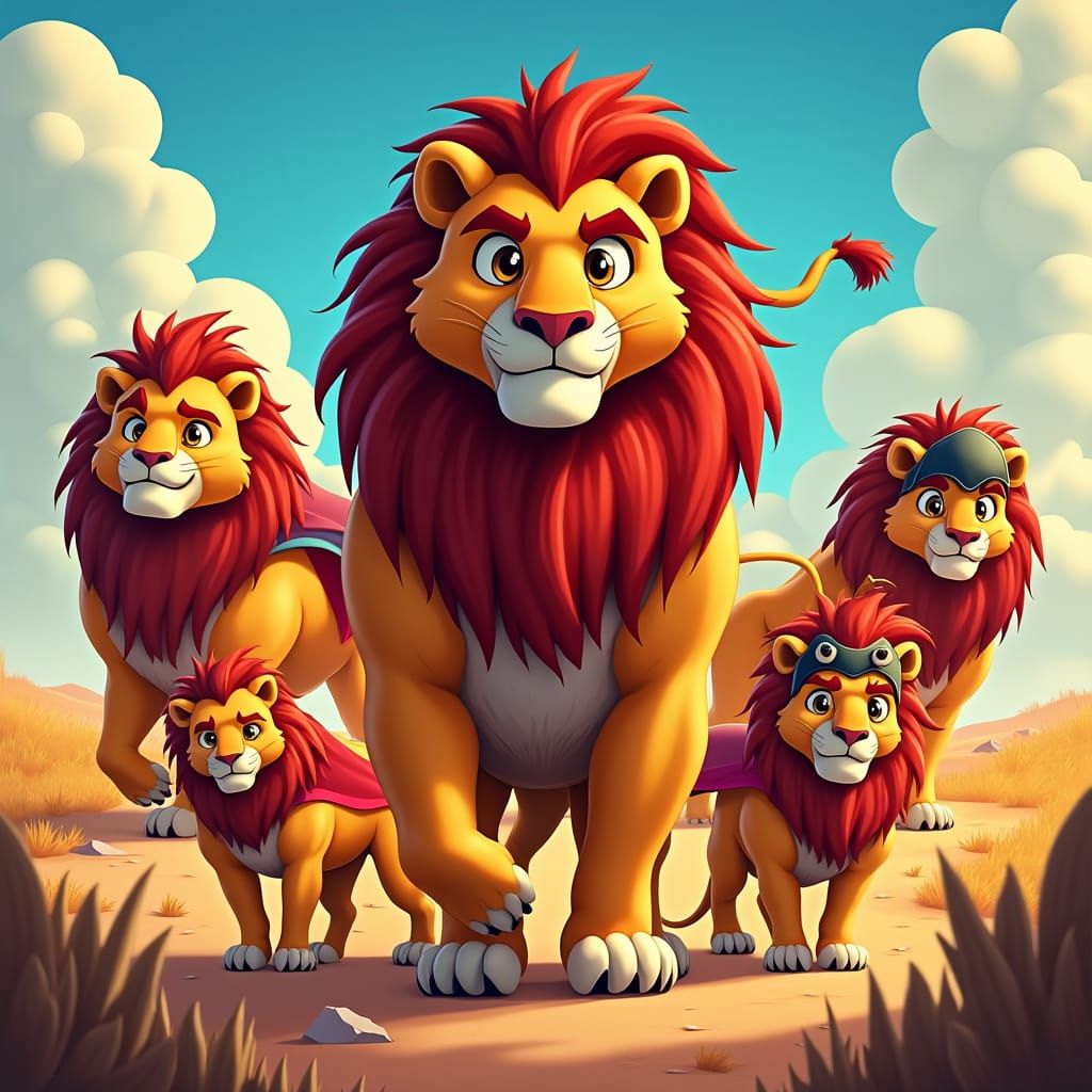 Heroic Lions in Comic Style Savanna Adventure