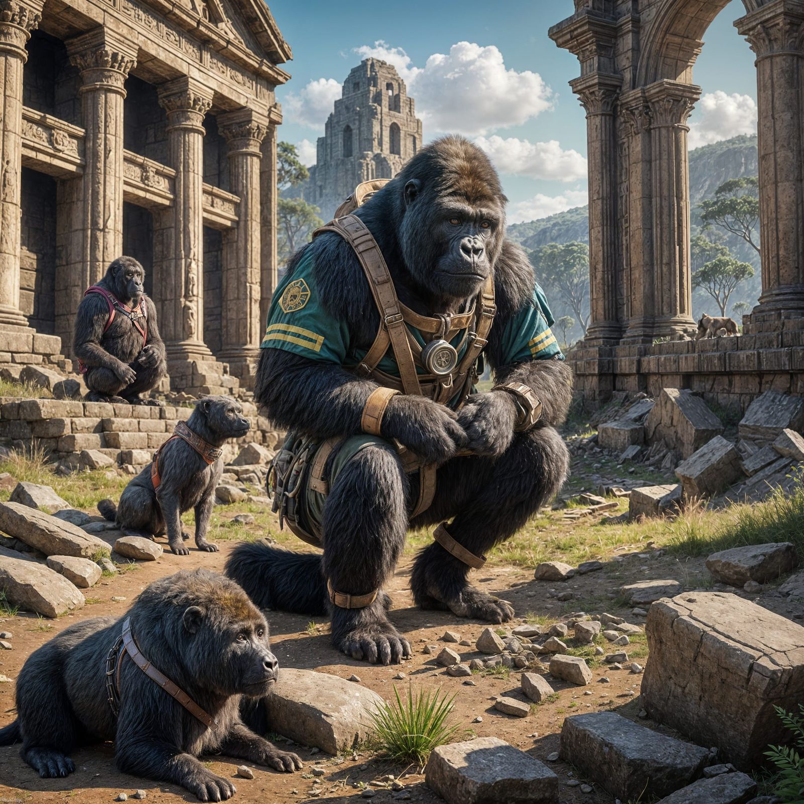 Gorilla Archaeologist in Ruins of Sydney, Detailed Matte Pai...