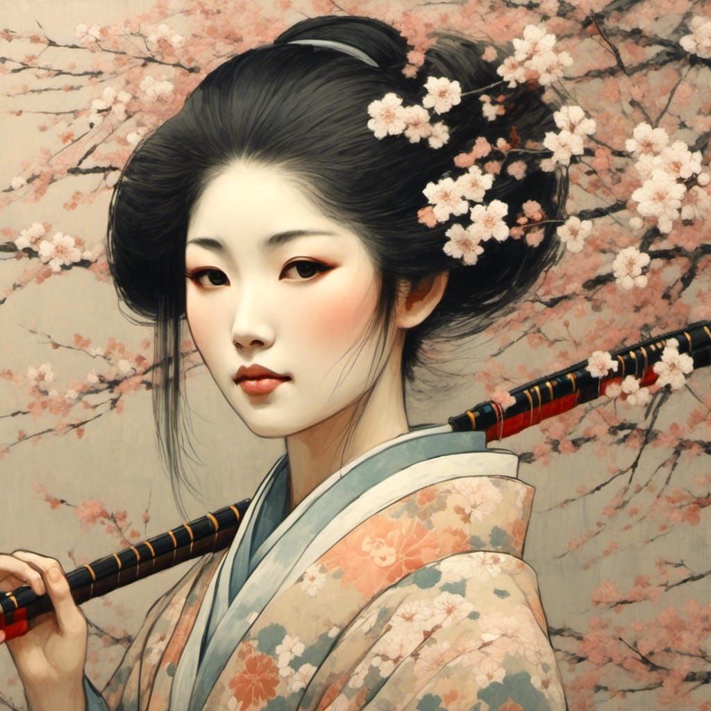 Geisha Portrait in Ukiyo-e Style with Shamisen