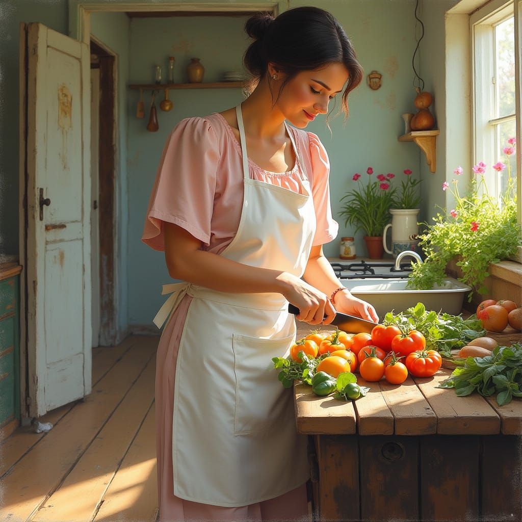 Woman Chopping Vegetables in a Warm Kitchen