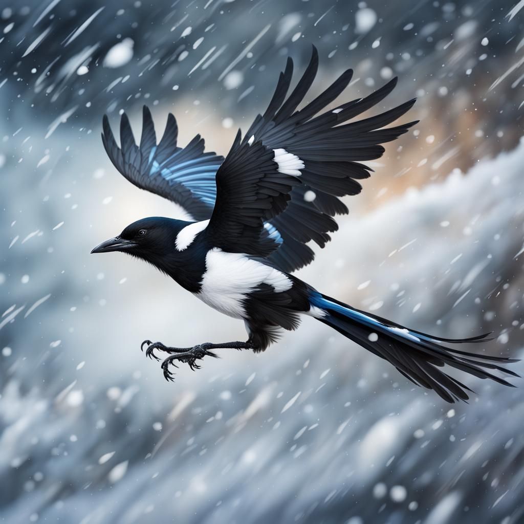 Magpie in Flight Amidst Snow Hurricane