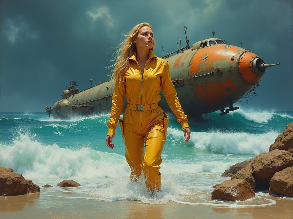 Retro Sci-Fi Woman Emerges from Surf