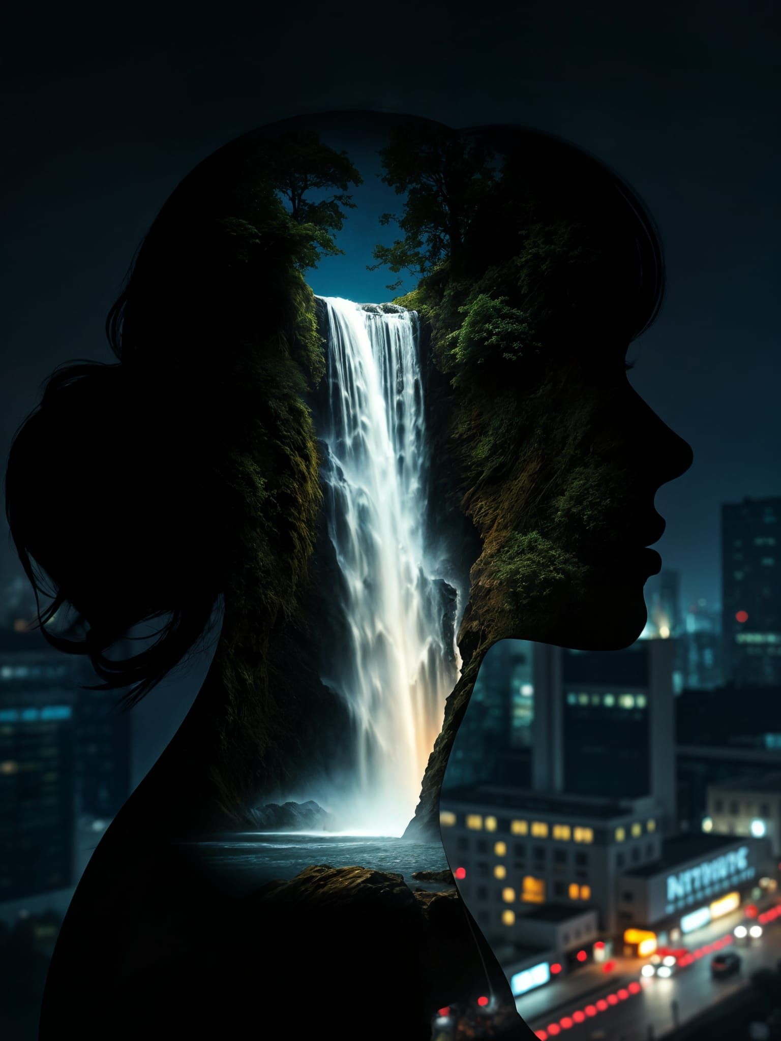 Dreamscape Amazonia: Double Exposure Nighttime Metropolis