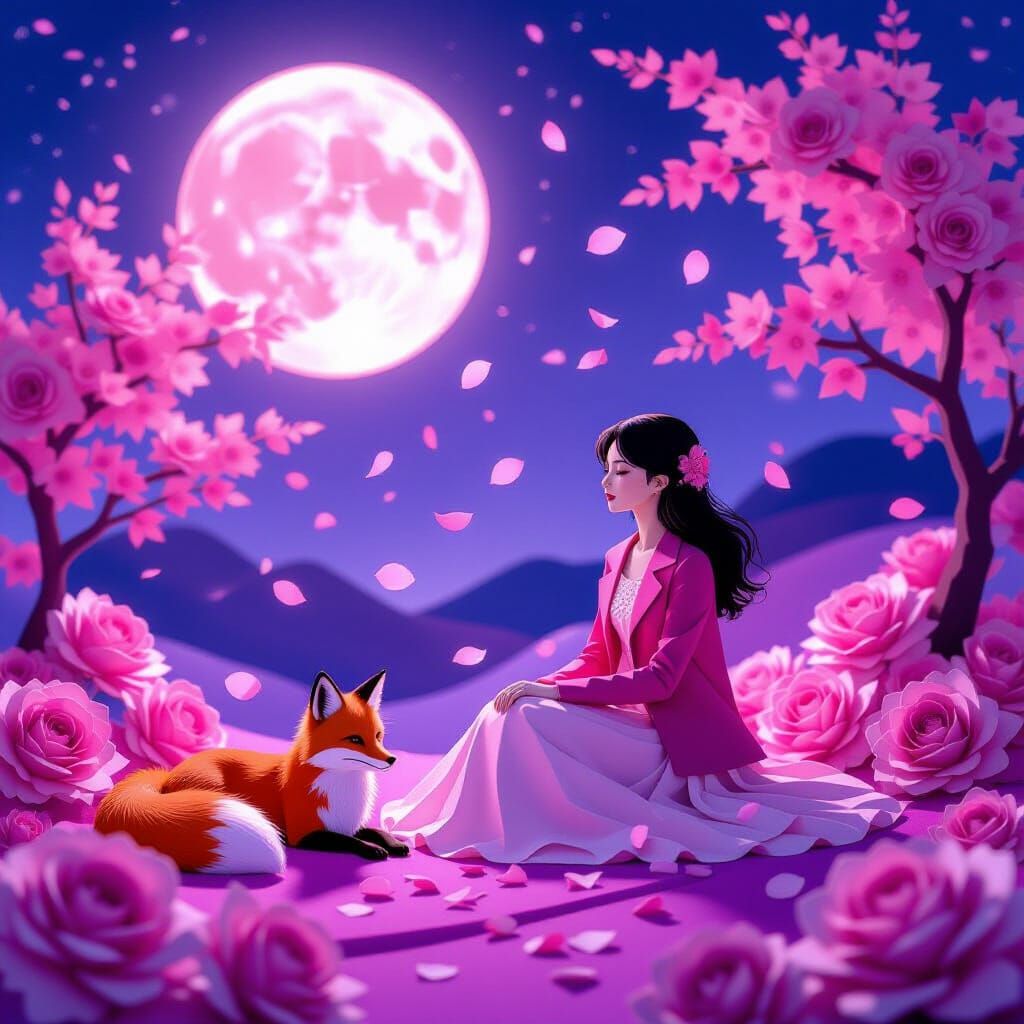 Magical Paper Night Scene with Luminous Pink Moon