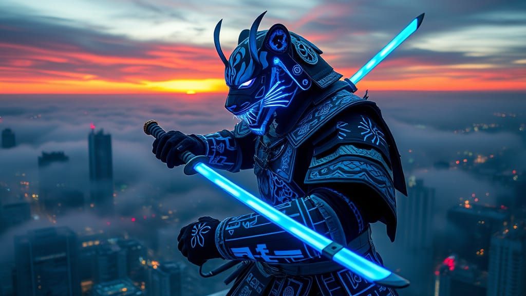 Cyberpunk Samurai Warrior in Futuristic Sashimo Armor