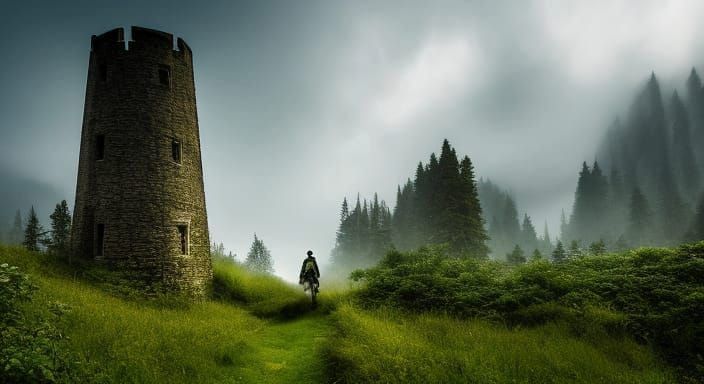 Adventurer and Overgrown Tower in Digital Art Style