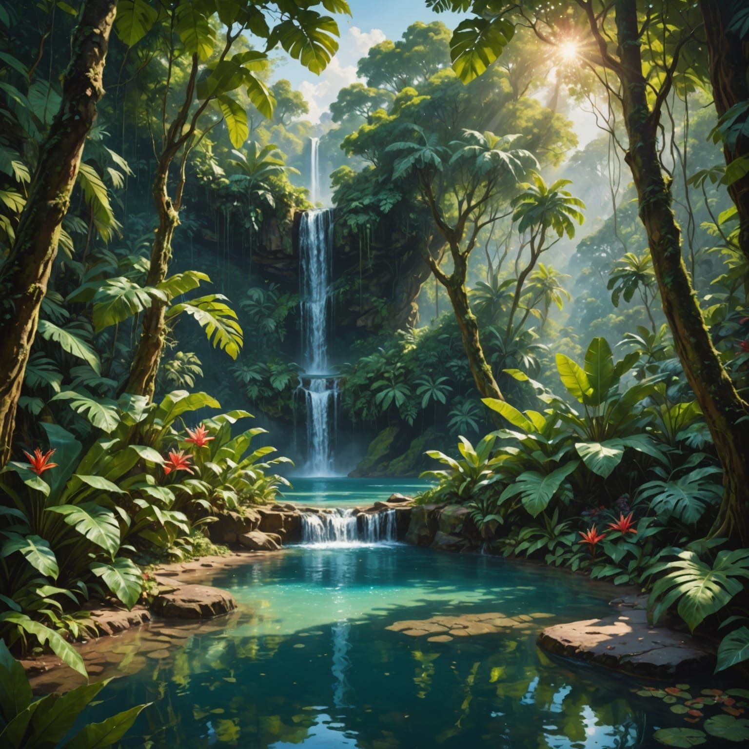 Lush Jungle Waterfall Oil Painting Landscape