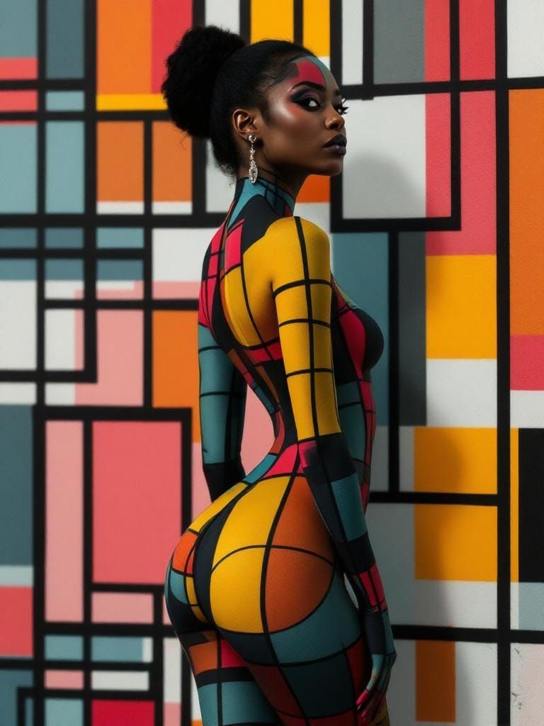 Woman Merging with Geometric Wall, Retro-Modern Portrait