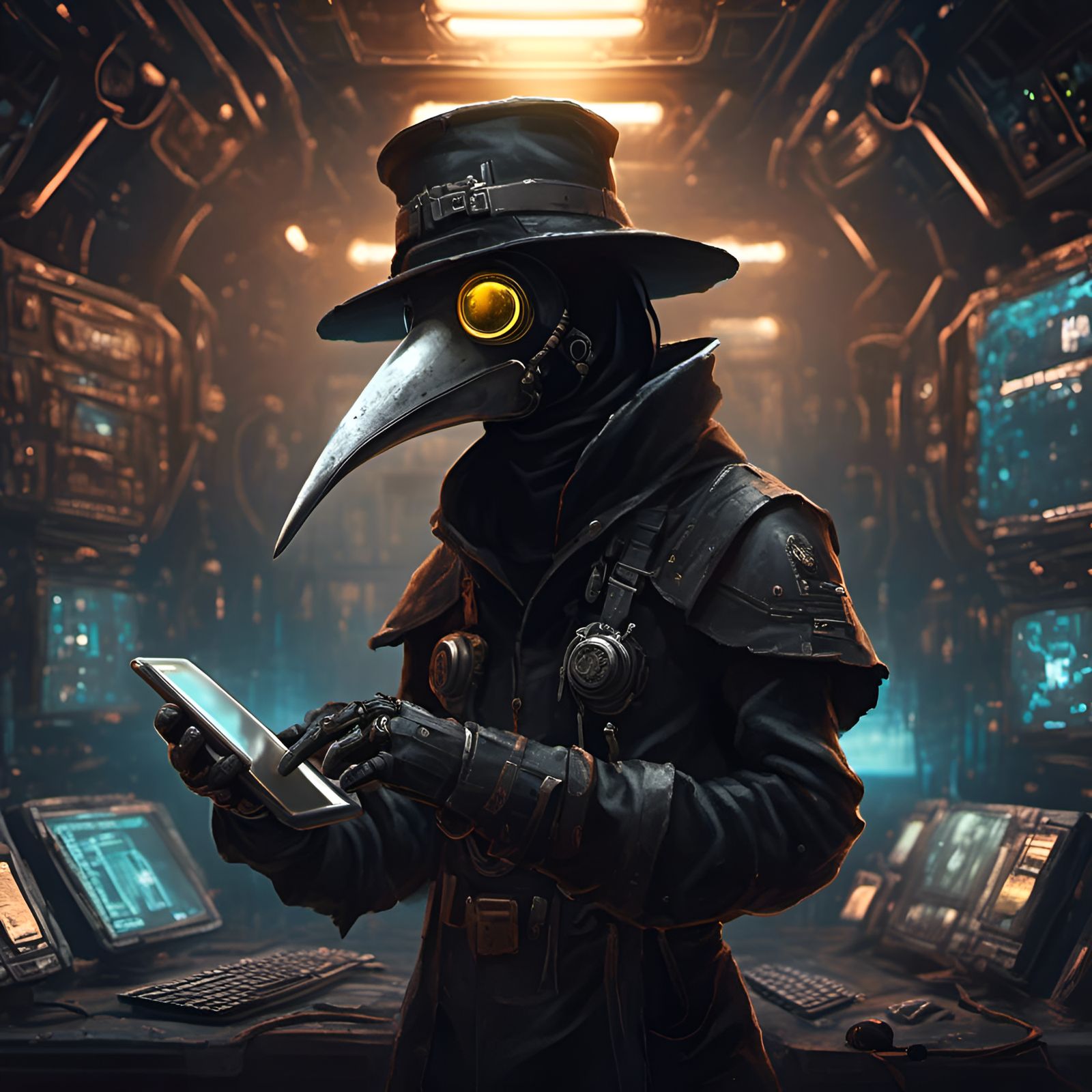 Plague Doctor in Spacesuit on Dark Space Station