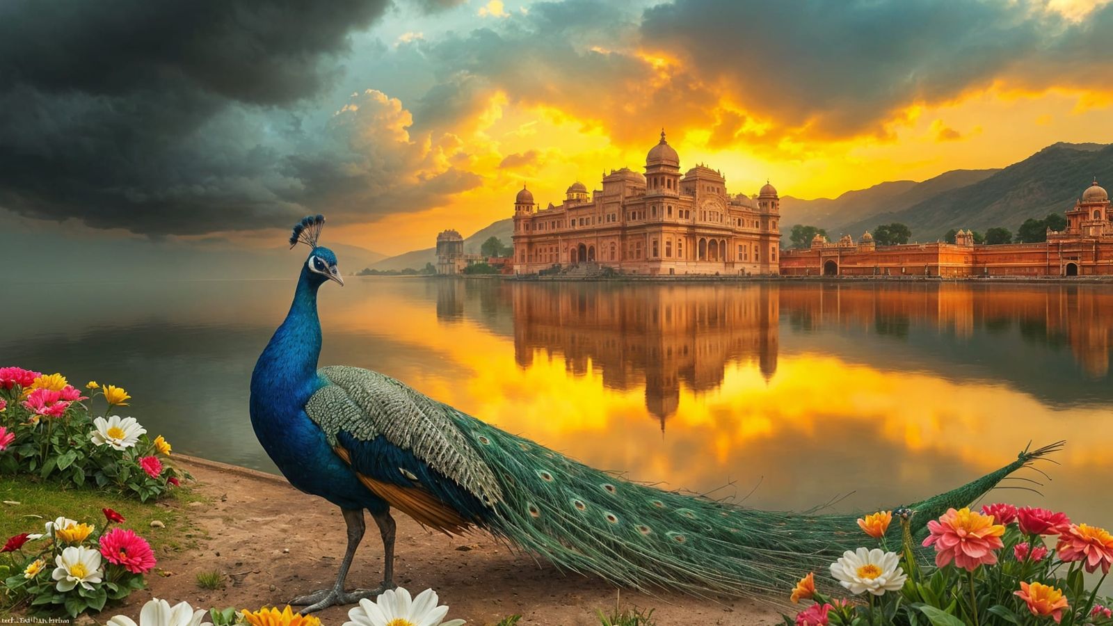 Majestic Peacock Reigns Over Jal Mahal at Sunset