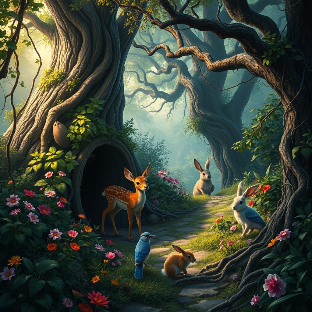 Lush Secret Garden Scene with Whimsical Creatures and Twiste...