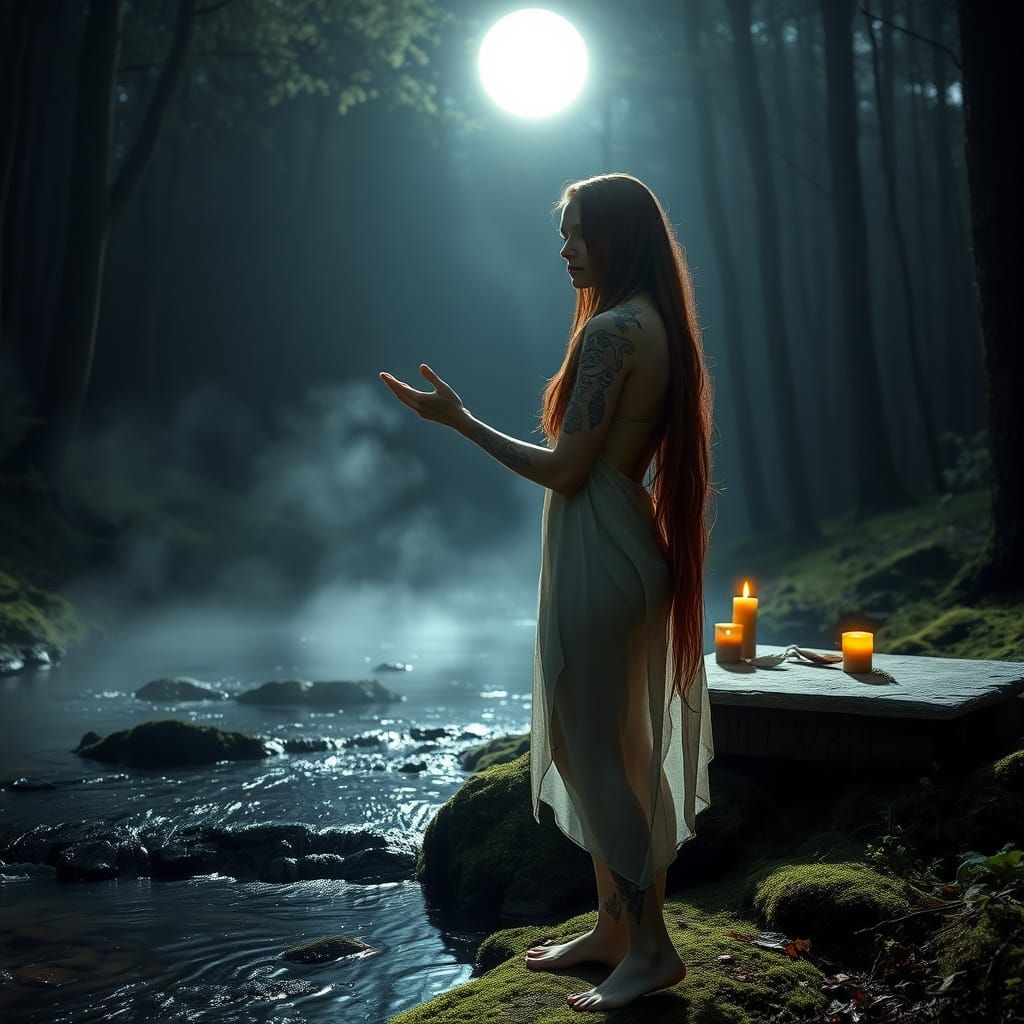 Mystical Slavic Woman in Forest Moonlight