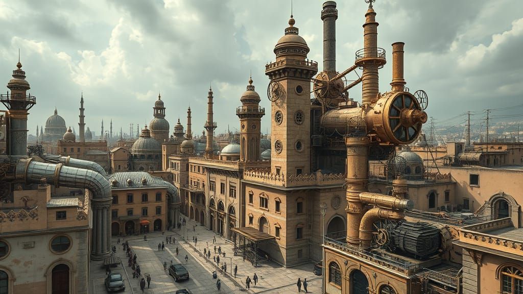 Dreamlike Steampunk City with Intricate Mech Details