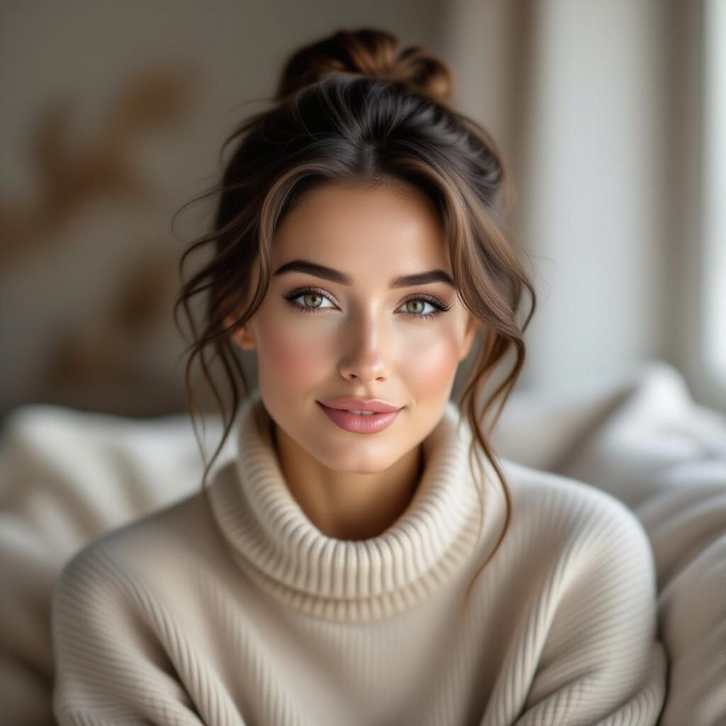 Photorealistic Portrait of Woman in Cozy Light, Mysterious M...