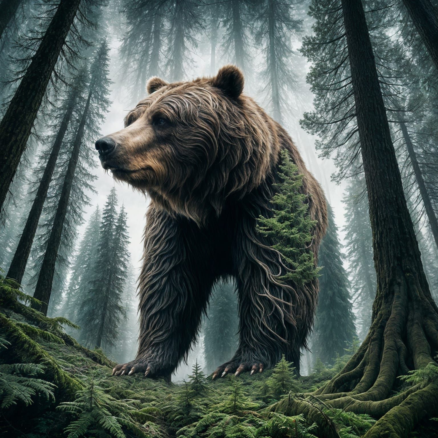 Surreal Bear Silhouette with Eldritch Forest in Fractal Colo...