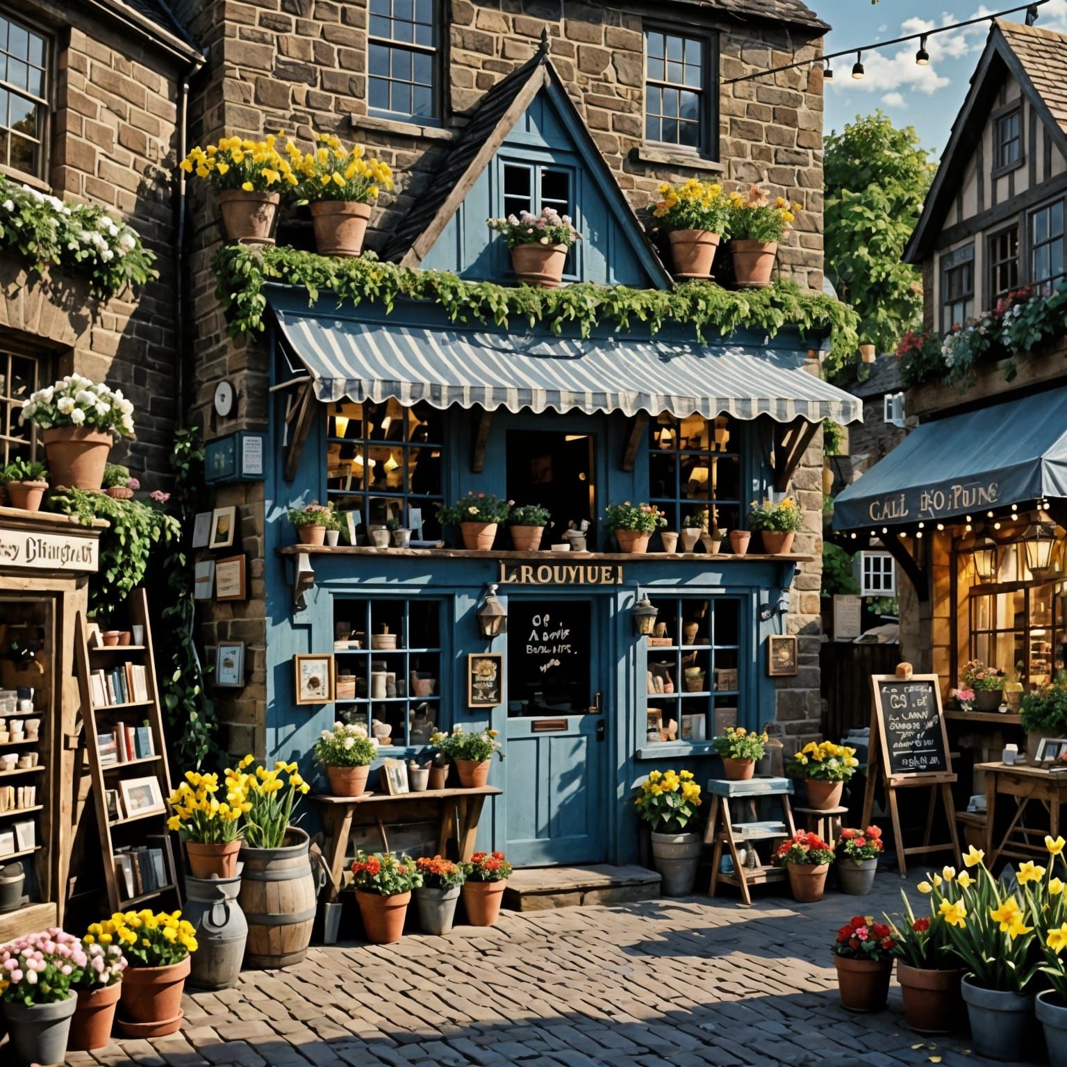 Ornate Village Flower Shop by River in Summer