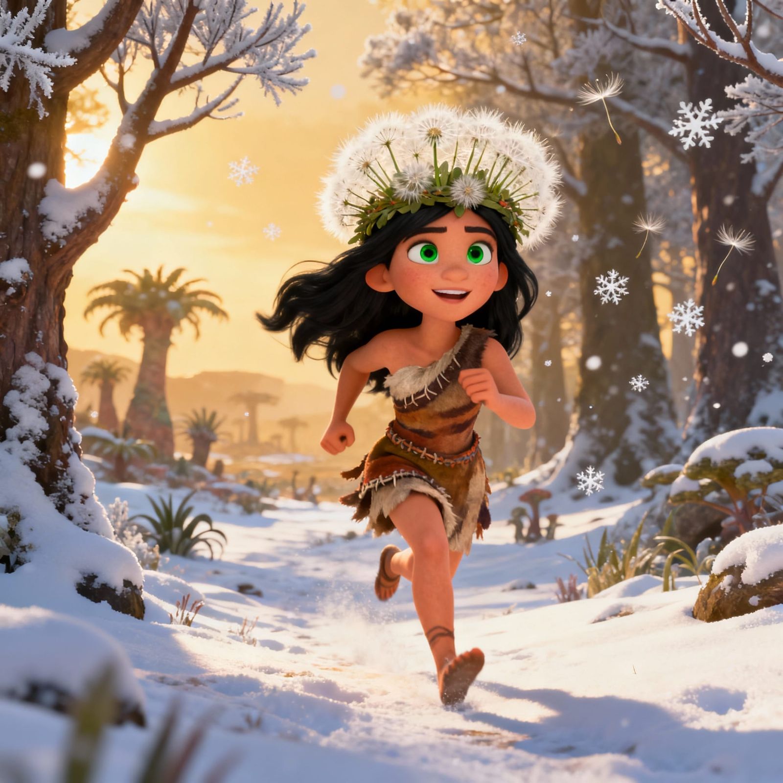Pixar Style Woman in Dandelion Crown in Snowy Forest