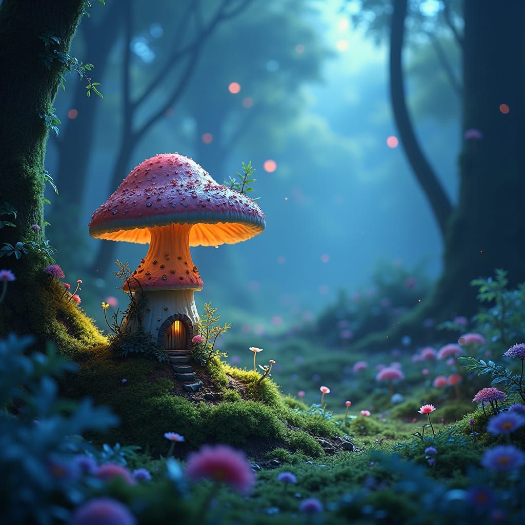 A fairy mushroom house in an enchanted bioluminescent forest...