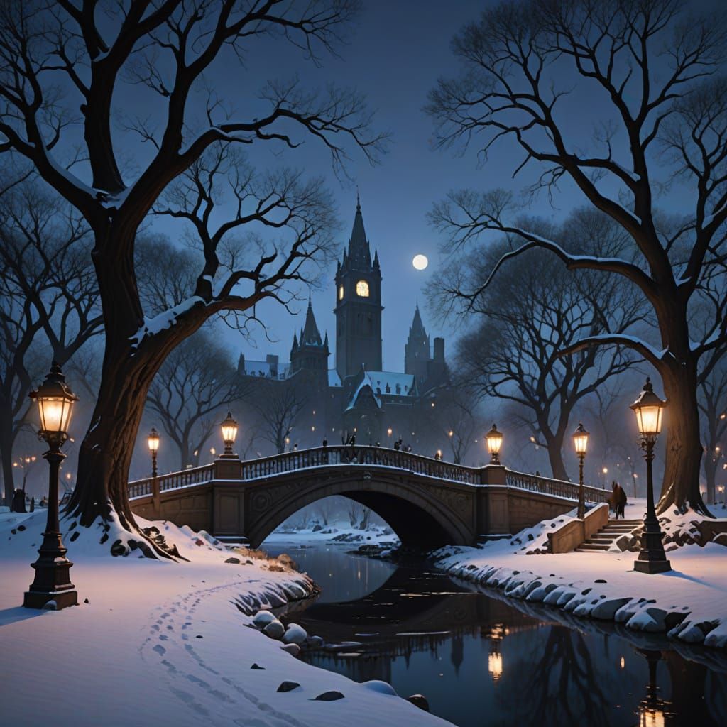 Gothic Central Park at Dusk in Snowy Twilight