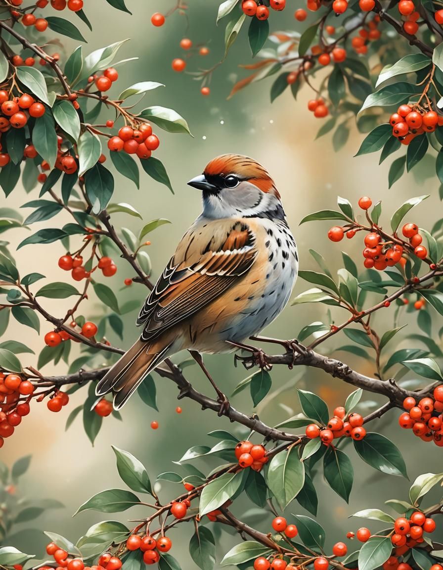 Sparrow on Pyracantha Branch in Anime Watercolor Style