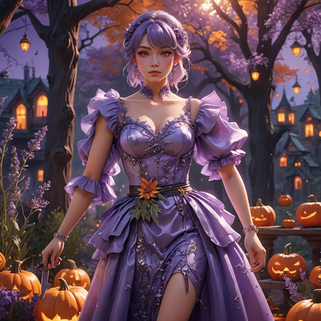 Confident Woman in Halloween Scene: 3D Anime Art