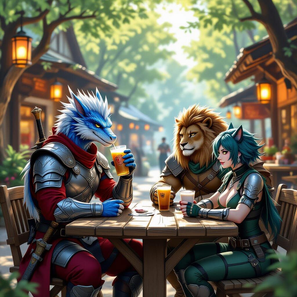 Fantasy Adventurers Relax in Forest Cafe