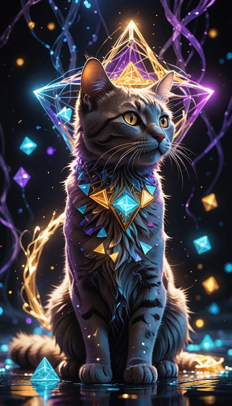 Cute Cat Surrounded by Ethereal Light Streams and Geometric ...