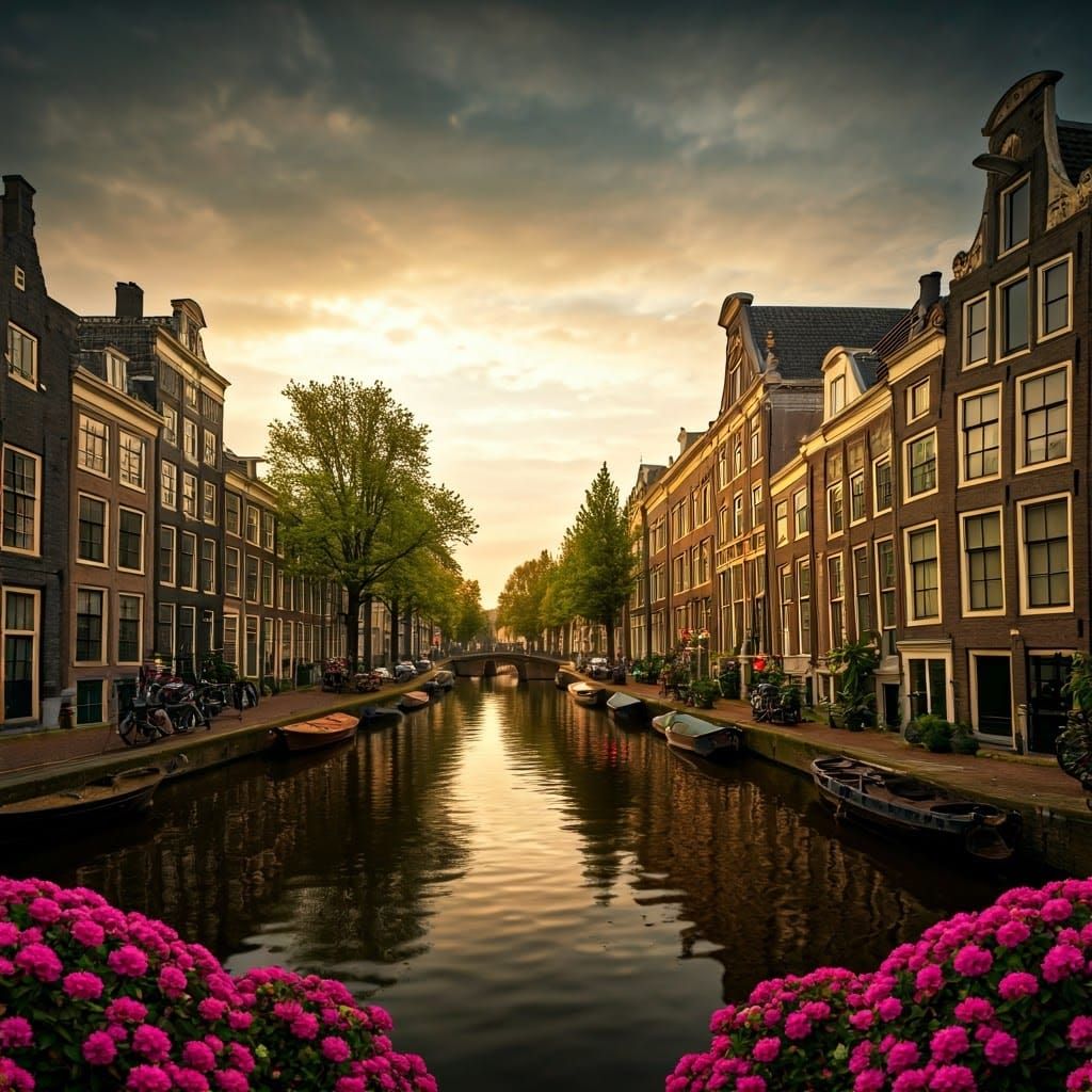 Detailed Dutch Cityscape Canal in Eerie Lighting