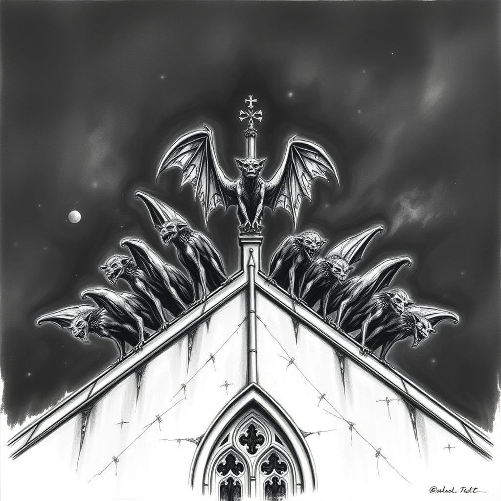 Gothic Gargoyles on Cathedral Roof in Charcoal Style