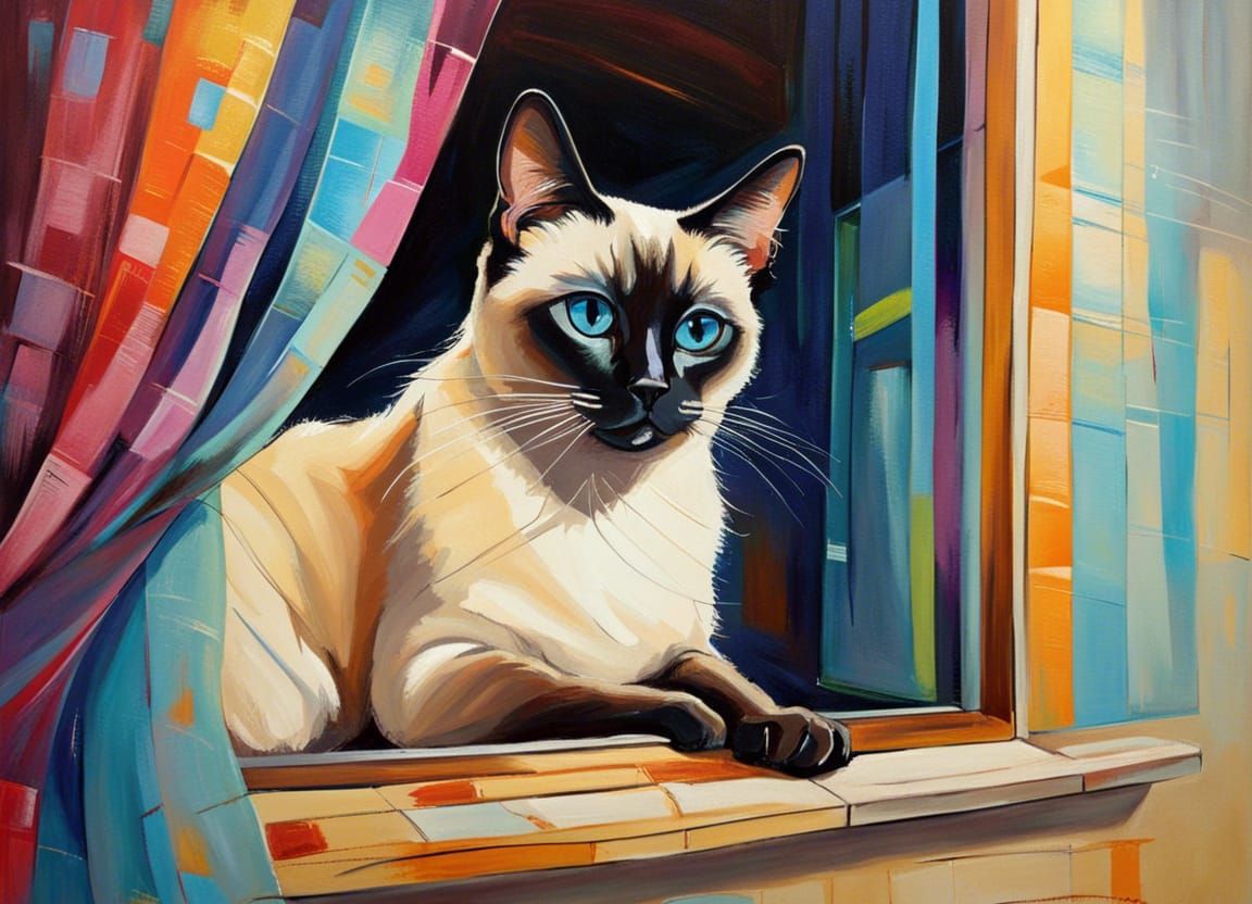 Siamese Cat in Window, Painterly Style