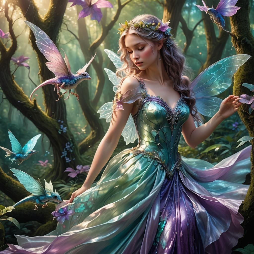 Enchanted Fairy Holding Dragon in Lush Forest