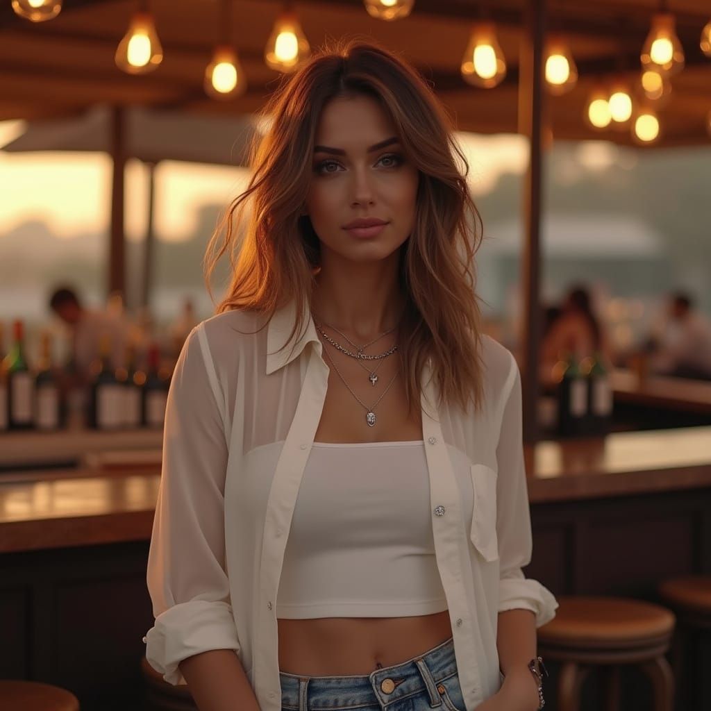 Hyperrealistic Photo of Woman in Dubai Evening Bar