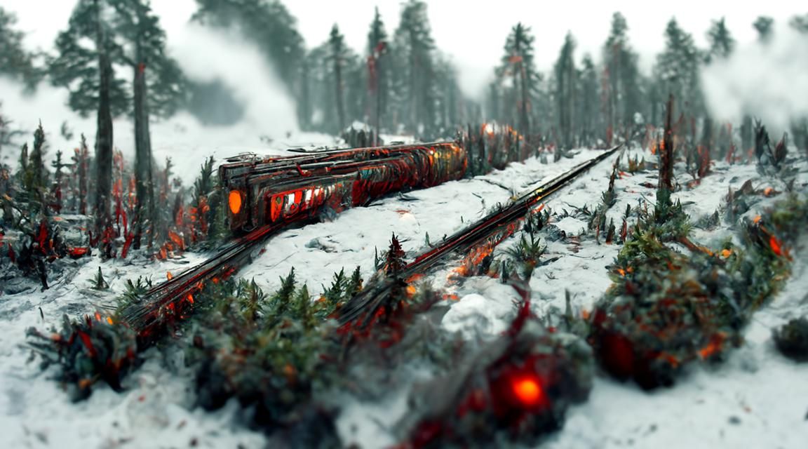 Red Train Through Winter Forest in Hyperrealism