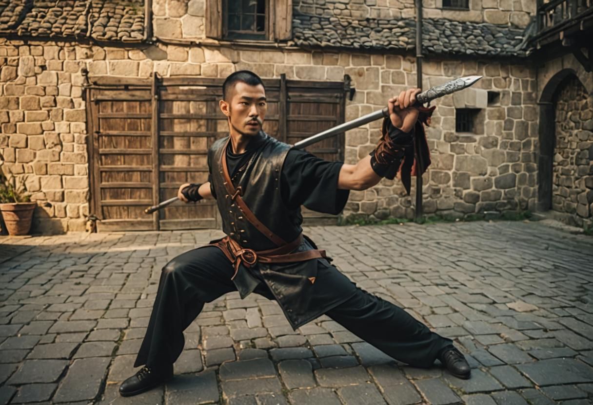 Medieval Warrior with Staff-Spear in Cinematic Style